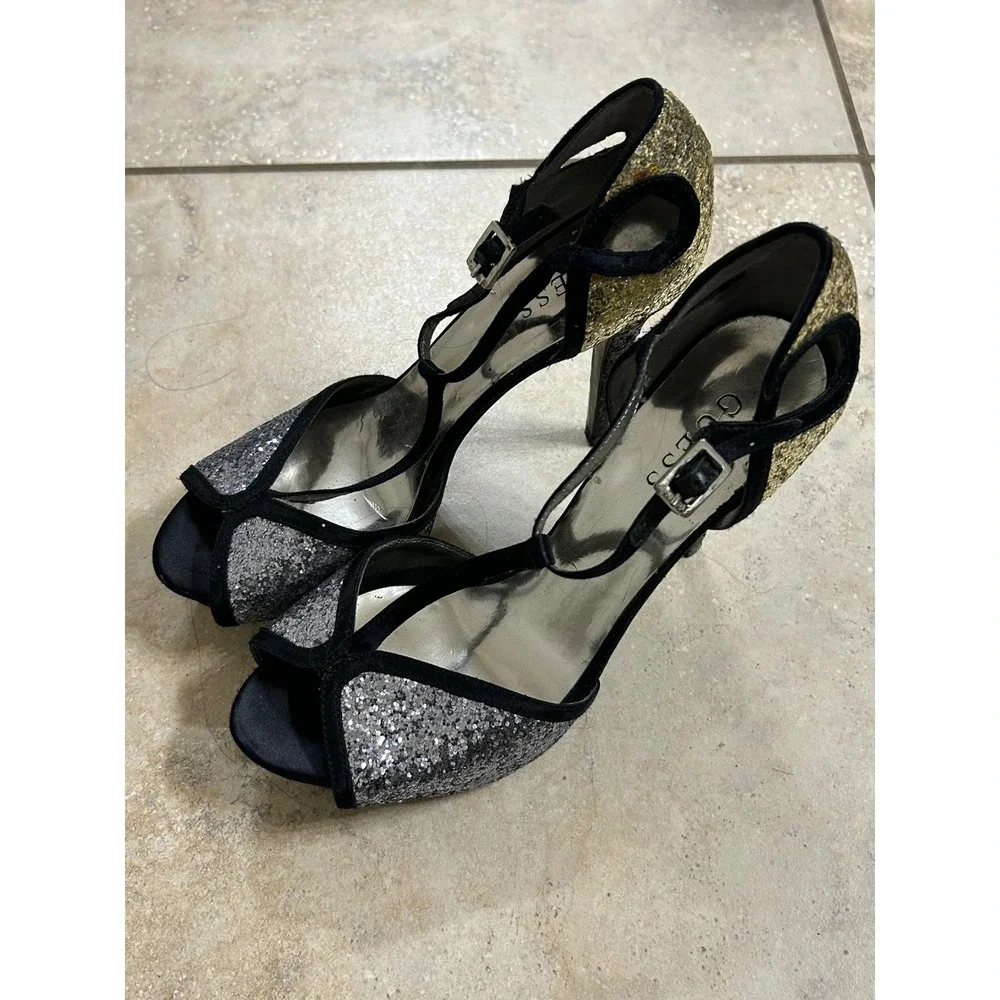 Guess Heels Silver Glitter Gold Black Ankle Strap Peep Toe Party Shoes‎